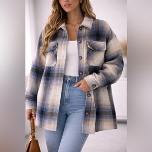 Pretty Garden Plaid Flannel Heavy Coat Jacket – Blue & Neutral Tones